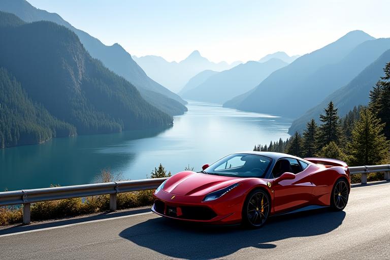 A sports car parked at a viewpoint overlooking the Howe Sound on the Sea-to-Sky highway.