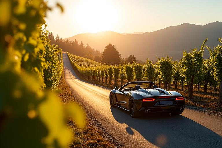 A convertible sports car driving through a sunny vineyard in the Fraser Valley.