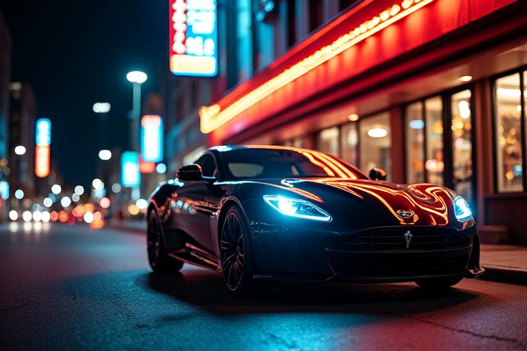 A luxury car illuminated by city lights outside a high-end restaurant in Vancouver.