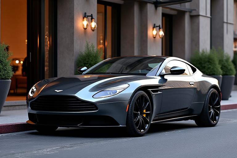An elegant, dark grey Aston Martin Vantage parked near a luxury hotel entrance.