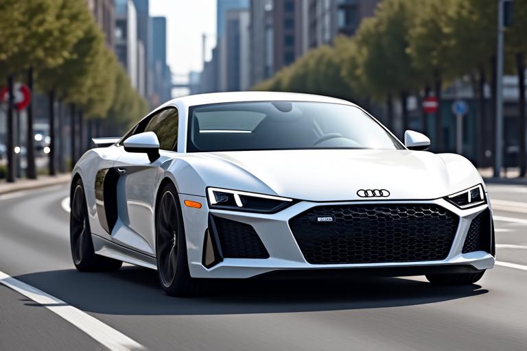 A sleek white Audi R8 V10 Performance edition on a city street.