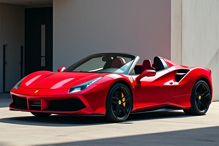 Side profile of a stunning red Ferrari 488 Spider parked with the top down.