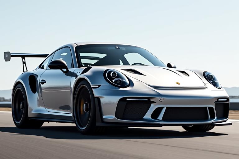 A silver Porsche 911 GT3 with a prominent rear wing, showcasing its racing pedigree.